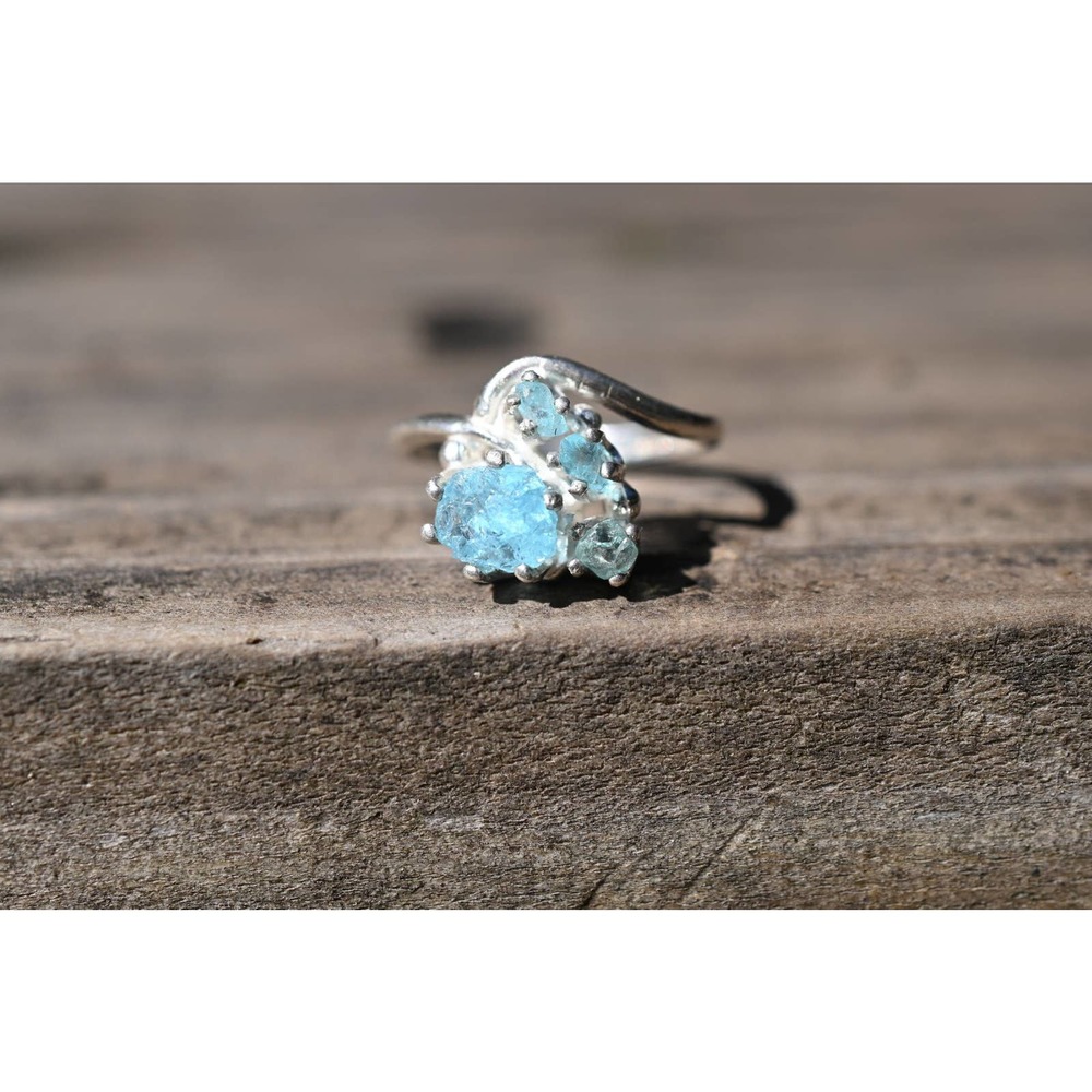 Rough cut aquamarine ring unique engagement rings sterling silver